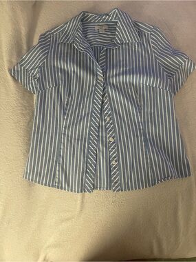 LOFT Blue and White Vertical Stripe Short Sleeve Button-Down
